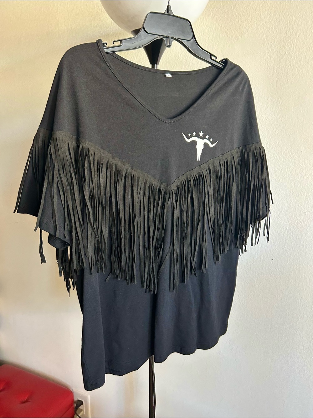 Black Fringe V-Neck Women's Top with Longhorn Accent